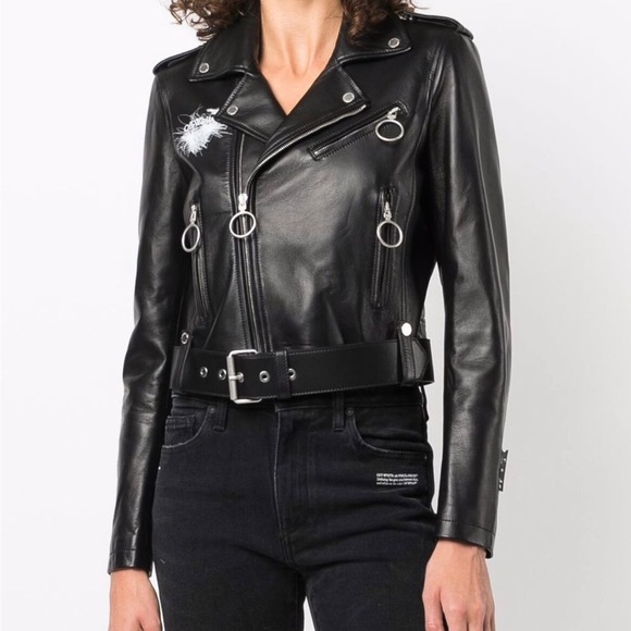 Off White Leather Biker Jacket arrows motif - Picture 7 of 9